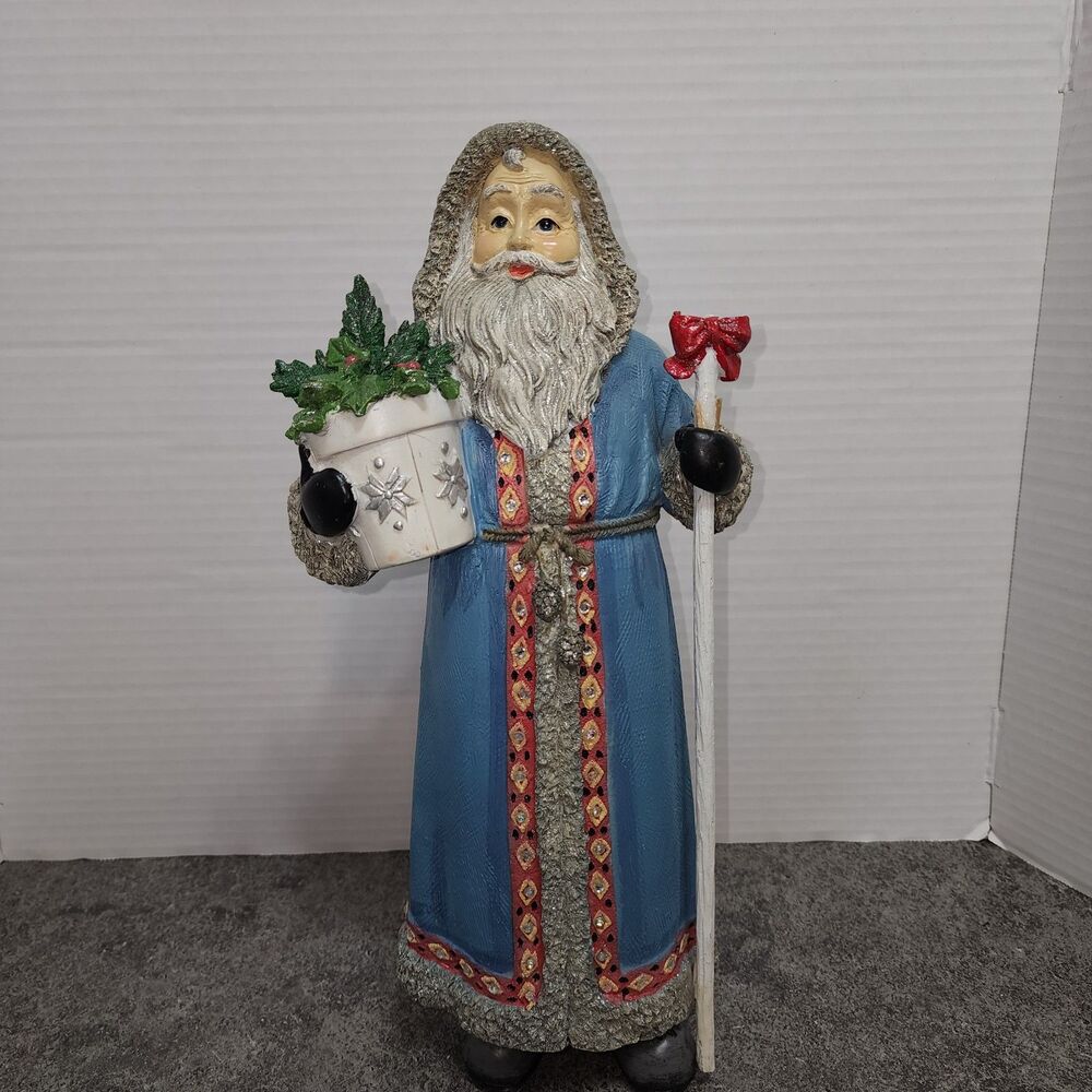 Vintage Resin Blue Santa Figurine Blue Coat Father Christmas Potted Tree Staff